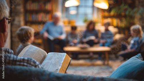 close up of family members reading bible together at home with children adults church community atmosphere and christian faith discussion