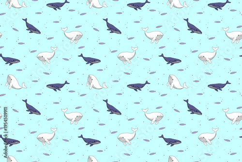 Cute seamless nature pattern, blue fish with white scales, white and blue whale on blue background. For wallpaper, textiles, packaging, backgrounds and websites. Vector cartoon design. Underwater.