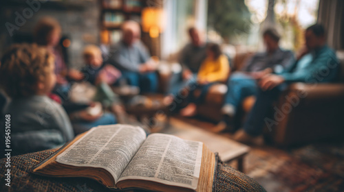 family faith and bible study concept with children and adults engaged together in living room during spiritual learning and prayer meeting