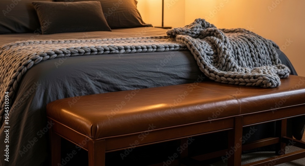 Fototapeta premium Rich Leather Bench At The Foot Of A Cozy Queen Size Bed With Chunky Knit Blanket