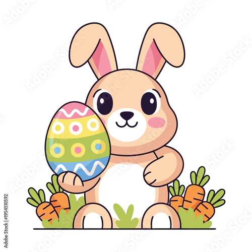 A cute cartoon easter bunny holding a colorful patterned egg surrounded by fresh orange carrots