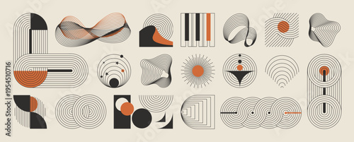 Abstract line art geometric shapes vector set in terracotta, black, taupe, and beige. Minimal retro collection with arches, waves, ribbons, and circles for posters, branding, packaging, and decor.
