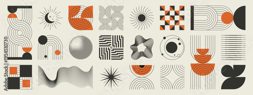 Abstract geometric elements vector set in burnt orange, black, gray, and cream. Mid century modern  retro collection with arches, lines, circles, and fluid shapes for posters, branding, wall art.