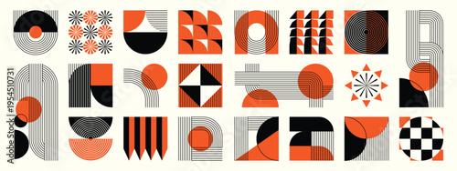 Mid century modern abstract geometric shapes vector set in burnt orange, black, taupe, and beige. Minimal retro design collection for posters, branding, packaging, wall art, and social media.