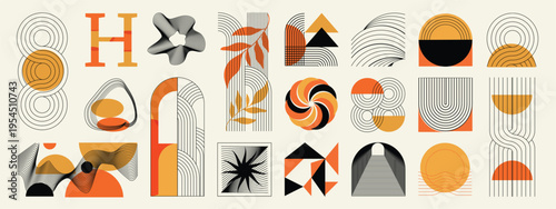 Mid century modern abstract geometric shapes vector set in burnt orange, black, taupe, and beige. Minimal retro design collection for posters, branding, packaging, wall art, and social media.