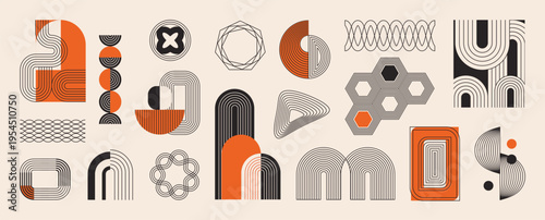 Mid century modern abstract geometric shapes vector set in burnt orange, black, taupe, and beige. Minimal retro design collection for posters, branding, packaging, wall art, and social media.