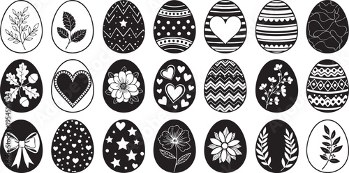 A collection of black and white Easter eggs with various designs