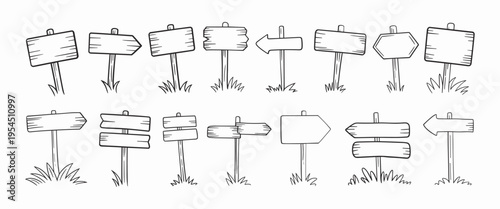 Hand drawn road sign. Doodle wooden signpost, sketch street direction pointer. Blank signboard with arrow vector isolates set