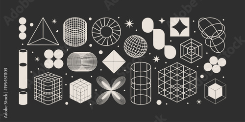 Vector graphic assets kit acid style, Postmodern abstract geometric shapes with wireframe elements of different forms, Y2K trendy design in brutalism aesthetic, template symbols set