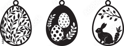 Three black and white Easter egg designs with bunny and leaves