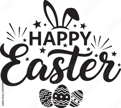 A festive Easter graphic with a bunny and decorated eggs