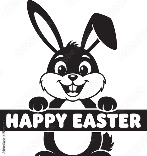 A cheerful cartoon bunny holding a Happy Easter sign with a smile