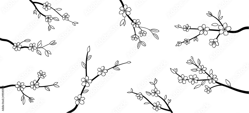 Naklejka premium Set of cherry blossoms flowers and brunch. Spring Detailed background with botanic floral elements for invitation, wallpaper art or save the date card