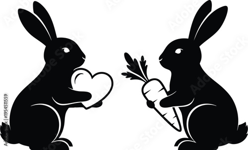 Two black silhouette rabbits holding a heart and a carrot