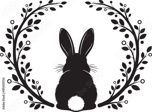 A black silhouette of a rabbit surrounded by a floral wreath