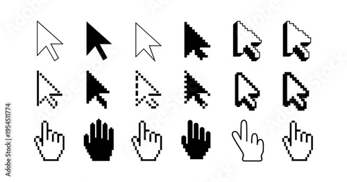 Mouse click cursor icon set. Cursor set in hand and arrow forms. Pixel cursor icon