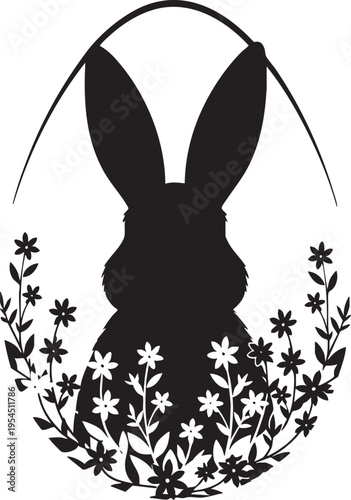 A black silhouette of a rabbit surrounded by flowers and leaves