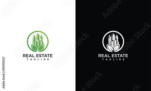 Modern Green Real Estate Logo with Buildings and Leaves