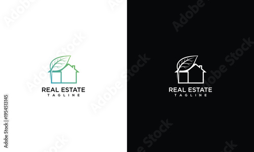 Green Real Estate Logo Design with House and Leaf Icon