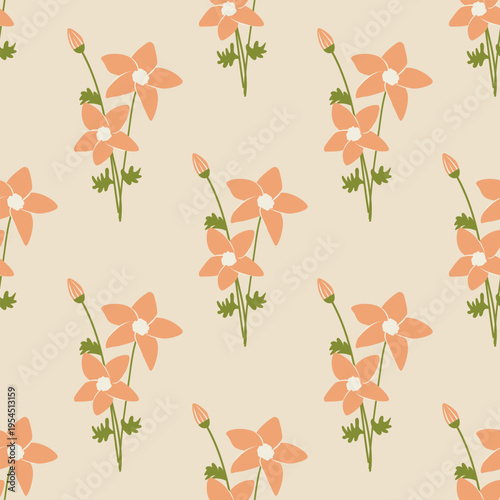 Seamless vector pattern with flowers. Delicate flowers on a light peach background, simple and elegant style. Calming color scheme for textiles, wallpapers, packaging, and other projects.