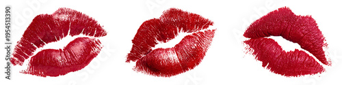 Three vibrant red lipstick kiss marks arranged horizontally showing detailed texture and glossy pigment for romantic design projects isolated on a white or transparent background