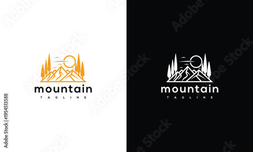 Minimalist Mountain Landscape Logo Design with Sun and Pine Trees
