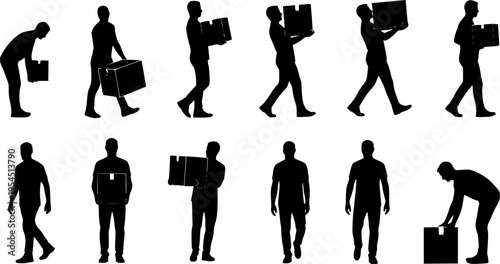 set of Man carrying and picking a box in various poses, postures, and positions black vector on a white background.
