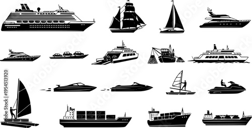  set of List of different type of water transportation, ships, and boats icon set. Artwork of cruise, brig, sailboat, yacht ferry, trawler, speedboat, jet ski, windsurfer, pontoon, container ship, and