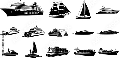  set of List of different type of water transportation, ships, and boats icon set. Artwork of cruise, brig, sailboat, yacht ferry, trawler, speedboat, jet ski, windsurfer, pontoon, container ship, and