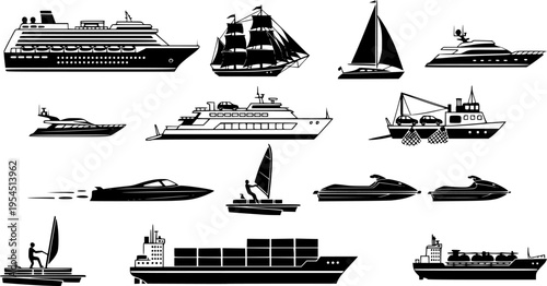  set of List of different type of water transportation, ships, and boats icon set. Artwork of cruise, brig, sailboat, yacht ferry, trawler, speedboat, jet ski, windsurfer, pontoon, container ship, and