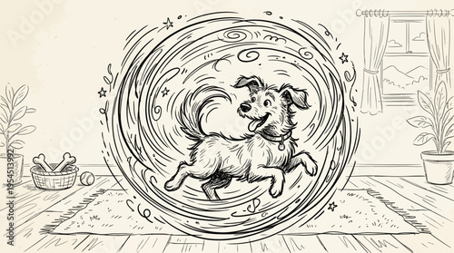 Whimsical hand-drawn black and white illustration of a happy, playful dog jumping dynamically in a swirl, pet animal art.