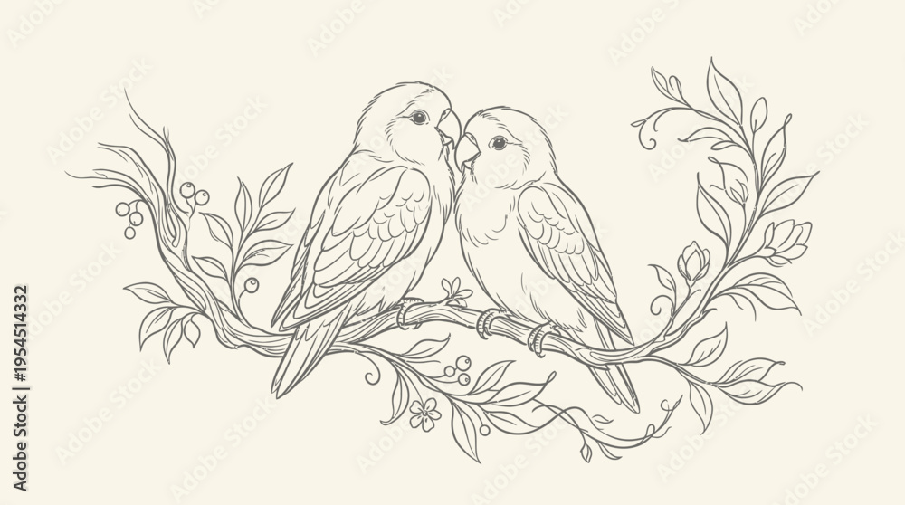 Naklejka premium Elegant hand-drawn line art of two birds perched on a flowering branch, vintage illustration symbolizing love and companionship.