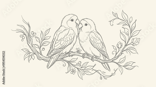 Elegant hand-drawn line art of two birds perched on a flowering branch, vintage illustration symbolizing love and companionship.