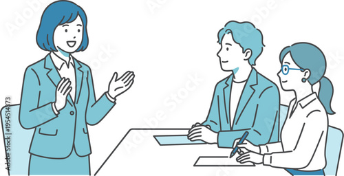 面接で自己PRをする女性と面接官のビジネスイラスト