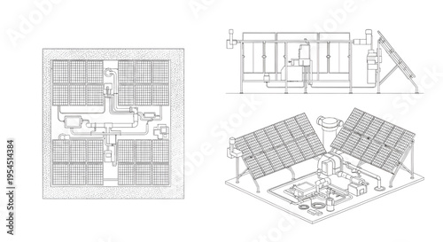 Solar Collector System Blueprint Vector – Solar Energy Panel Layout Technical Multiview Outline Drawing