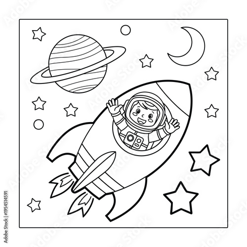 An astronaut cheerfully flies a rocket ship past planets stars and a crescent moon high quality