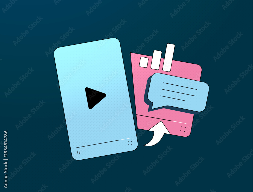 Fototapeta premium AI online video platform title generator, viral video marketing SEO optimizer, intelligent keyword rich suggestion tool, content engagement strategy workflow, smart thumbnail title illustration