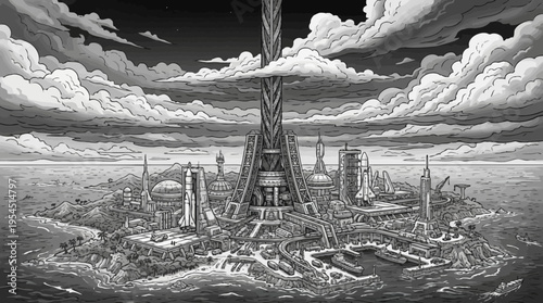 Monochrome futuristic island city with a colossal central tower and unique architecture under a dramatic cloudy sky, sci-fi illustration.