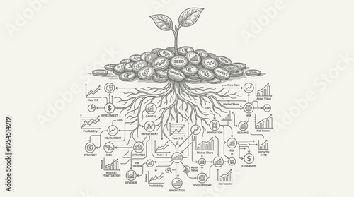 Investment and Financial Growth Concept. Hand-drawn sketch of plant growing from coins with intricate business data roots.