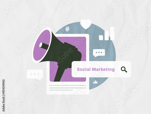 AI-powered social media marketing, hyper-personalized marketing strategy, generative tools workflow, smm intelligent listening analytics, social engagement optimization trendy collage illustration
