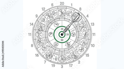 Dart hitting the bullseye on a conceptual business strategy dartboard illustration, symbolizing aim, precision, and goal achievement.