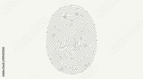 Minimalist creative fingerprint illustration featuring a miniature landscape with houses, trees, mountains, and journey symbols