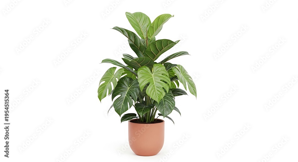 Fototapeta premium Monstera plant in terracotta pot, white background, studio shot