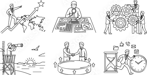 Line art vector set of business concepts including global growth, data analysis and time management