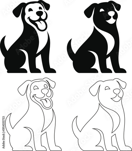 Cute dog icon set featuring playful silhouettes and clean outline versions. Friendly and minimal design isolated on white background. Perfect for pet brands, veterinary clinics, animal shelters and pe
