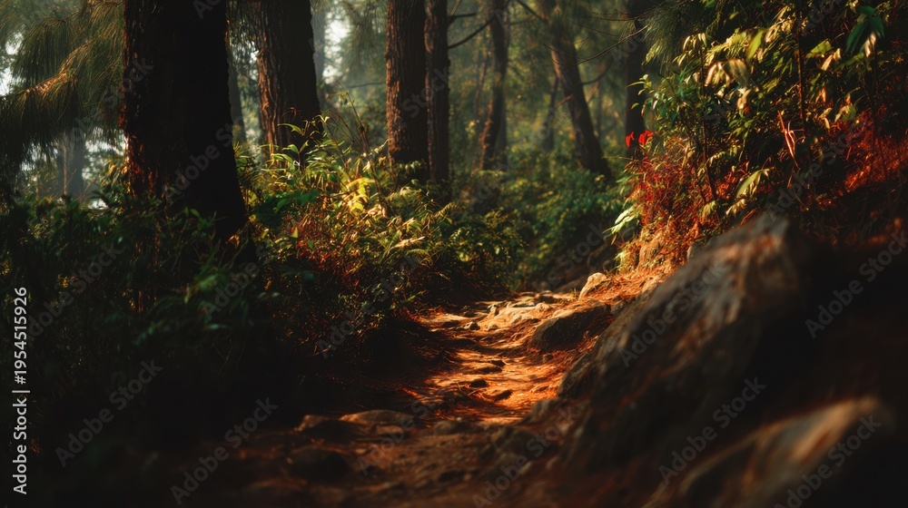 Fototapeta premium Serene Forest Pathway with Sunlight Streaming Through Trees and Lush Greenery in a Tranquil Natural Environment