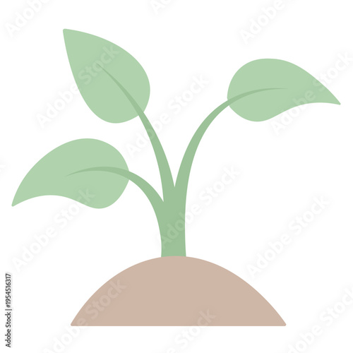 Three green leaves on twigs on a pile of soil. A sprouted seed has emerged from the ground. Color vector illustration. Isolated on white background. Flat style. Seedling sprout. Web design idea.