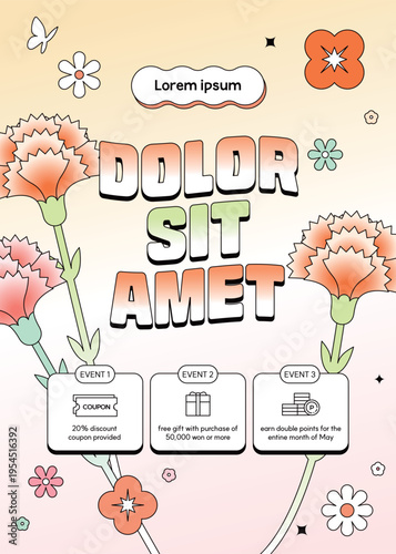 Orange May Family Month Carnation Flower Promotion Banner with Shopping Benefit Icons
