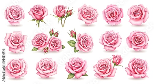 Pink roses collection with different bloom stages