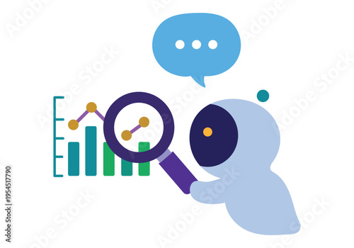 虫眼鏡を持つAI。データをチェックする人工知能のベクターイラスト素材。